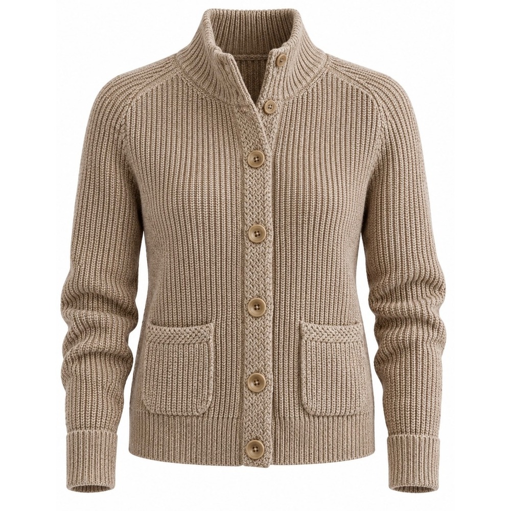 Ralph Lauren Italian Yarn 100% Cotton Rib Knit Mock Neck Cardigan Large Tan